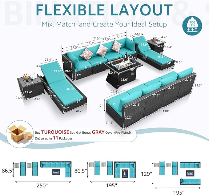 NICESOUL 13-Piece Patio Furniture Set with Fire Pit, High-End Big Group Outdoor Patio Set with Fire Pit & Chaise Lounge, Wicker 29.3'' High Back Sofa Deep Sitting, Grey & Turquoise