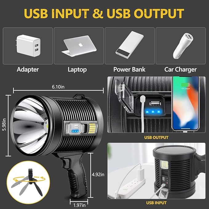 Spotlight 1000000 Lumens, 6 Modes Led Rechargeable Spotlight Flashlight As Seen on TV with Tripod, 3 Color Filters, Super Bright Solar Spot Lights Outdoor Handheld for Hunting, Boating, XXXL