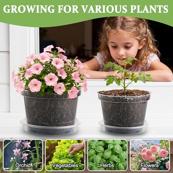 12 Pack 8 Inch Clear Plant Pots with Saucers, Transparent Plastic Nursery Pots with Drainage Hole, Sturdy Garden Planter Pots, Planting Starter Pots for Indoor Outdoor