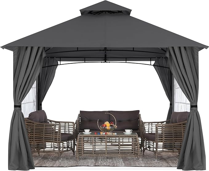 MASTERCANOPY Patio Gazebo Steel Frame Outdoor Gazebo with Windows Curtains (10x12,Dark Gray)