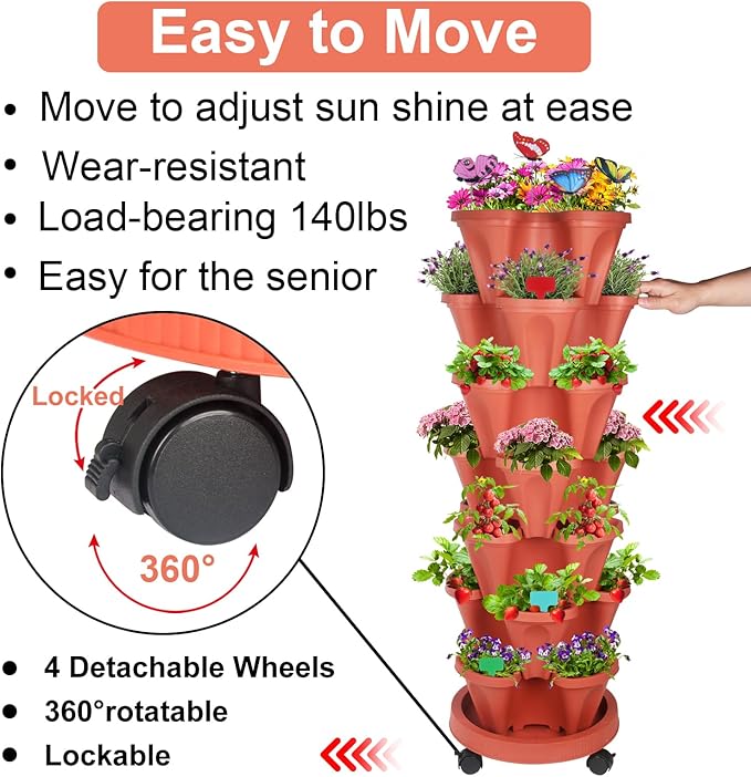 DUNCHATY Stackable Planter Vertical Strawberry Planter with Garen Tool Set Self Watering Garden Planter Indoor/Outdoor 7 Tier Garden Tower Herb Planter for Growing Vegetables and Succulents Clay Red