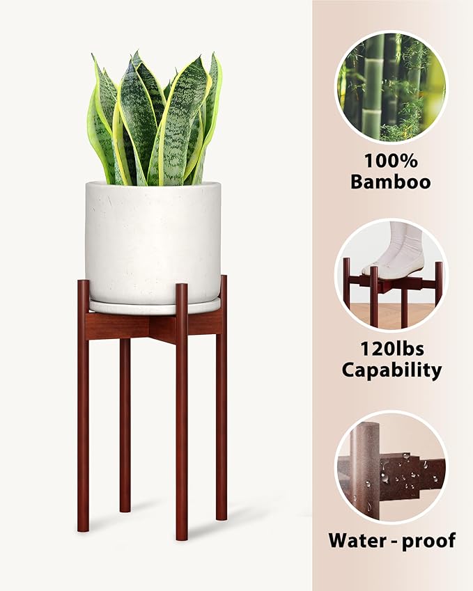 Adjustable Plant Stand Indoor, Bamboo Plant Stand Fits 8 9 10 11 12 Inches, Small Corner Planter Holder for Indoor Plants, Single Floor Plant Stands for Living Room Balcony, Reddish Brown Tall