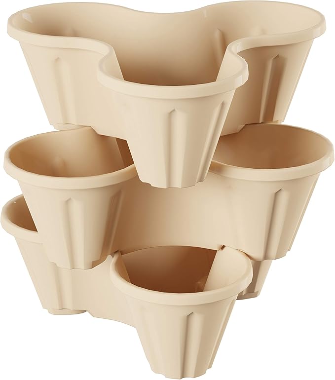 Set of 3 Stacking Planter Tower - 3-Tier Space Saving Flower Pots - Indoor/Outdoor Vertical Herb and Vegetable Planter by Pure Garden (Sand Stone)