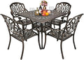 VINGLI 5 Pieces Outdoor Patio Dining Set, Cast Aluminium Patio Furniture Set with 4 Chairs and 1 Umbrella Table for Yard, Garden, Porch and Poolside, Bronze
