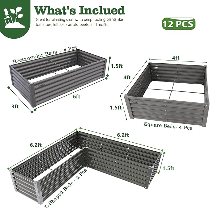 A ANLEOLIFE 12-Piece 18 Inch Tall Raised Garden Beds Kit, L-Shaped, Square & Rectangular Metal Planters for Flexible Backyard Layouts, Quartz Grey