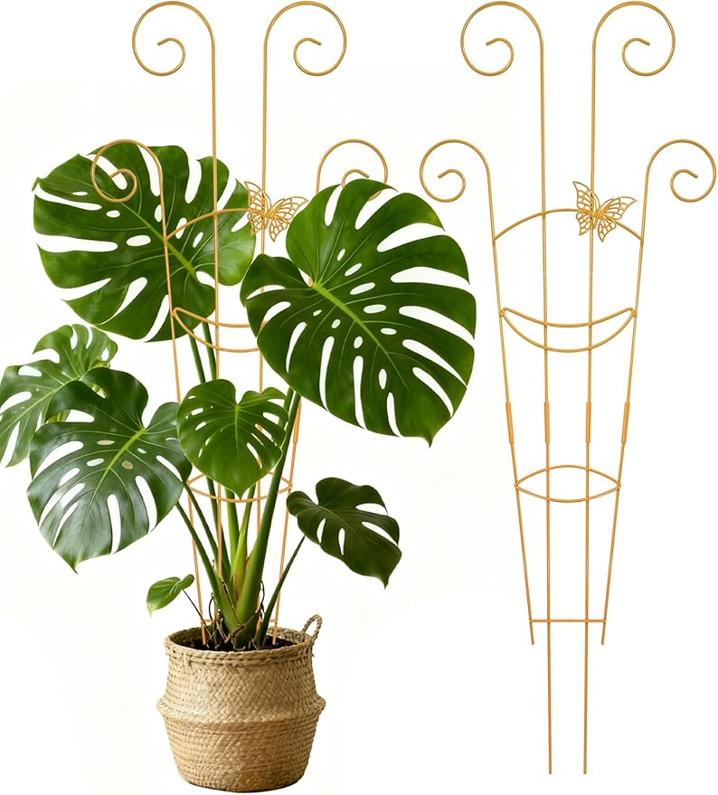 2 Pcs Tall Trellis for Potted Plants, 30'' Expandable Butterfly Shape Garden Trellis for Climbing Plants Indoor, Plant Pothos Climber Support for Monstera, Ivy, Hoya, Vine (Gold)