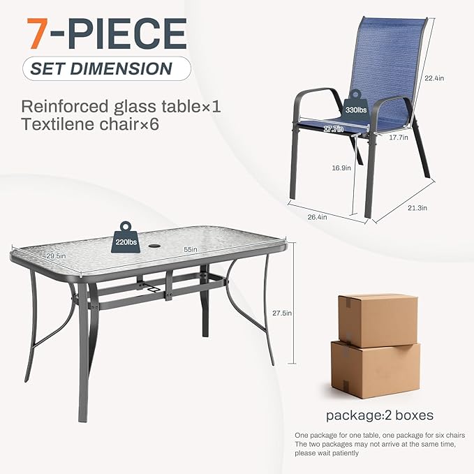 TLSUNNY 7 Pieces Patio Dining Set, Outdoor Table and Chairs W/1.69″ Umbrella Hole, 30"X 55" Table and Stackable Textilene Chair, All Weather Patio Furniture Set (Umbrella not Included) (Navy Blue)