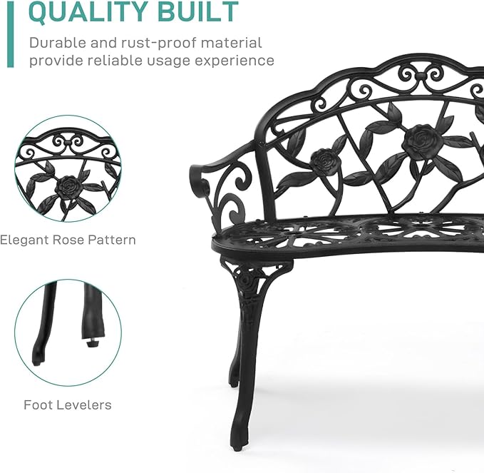 VINGLI 38.5" Patio Park Garden Outdoor Metal Rose Bench, 2-Person Cast Iron Cast Aluminium Frame Antique Finish Chair,Accented Lawn Front Porch Path Yard Decor Deck Furniture (Black, Rose)