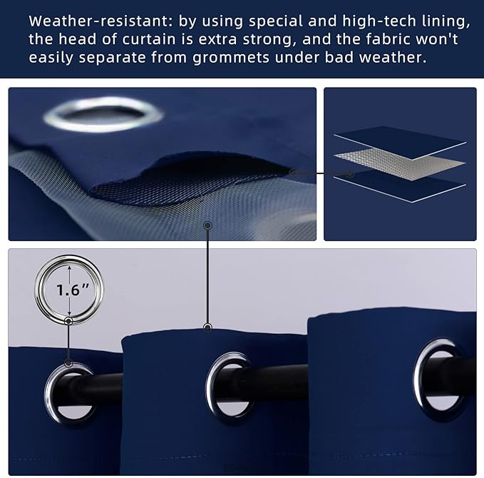 Outdoor Indoor Curtains W52 x L108 for Patio - Weather-resistant Window Panels Privacy Protect Grommet Top Thermal Insulated Home Curtain for Porch Pergola Lawn Garden Hot Tub Area (Navy, 2 Panels)