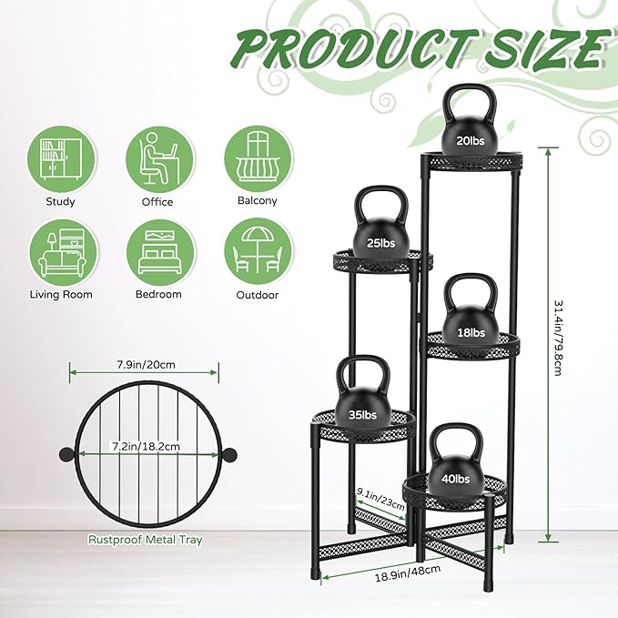 iDavosic.ly Plant Stand Indoor Outdoor, 5 Tier Corner Metal Flower Display Holder Shelf, Easy Assembly Folding Tall Orchid Rack for Patio Balcony Porch Garden Living Room House, Wrought Iron - Modern Black