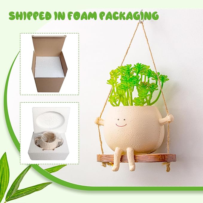 Domensi 2 Pcs Swing Hanging Planter Cute Smile Flower Face Pot Indoor Outdoor Pots for Succulent String of Pearls Plants Plant Ideal Gifts for Christmas Birthday(Swing Spherical,Medium)