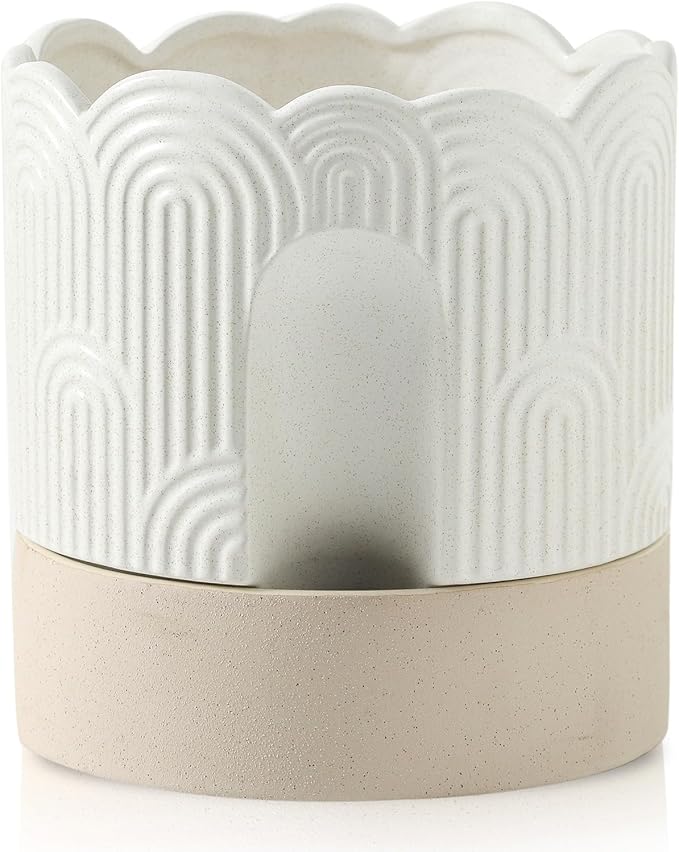 Nihow Self Watering Plant Pot for Indoor Plants with Wick: 8 Inch Ceramic Planter with Drainage Hole & Water Storage - Relief Design - Beige & Nature Flower Pot