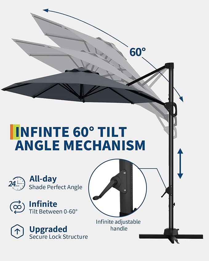 GarveeLife 10 ft Patio Umbrella Outdoor Large Cantilever Umbrella Market Sun Shade Windproof Offset Umbrella with 360-Degree Rotation for Garden Deck Pool Patio, Grey