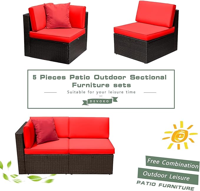 Devoko 2-Piece Modern Red Rattan & Metal Patio Sofa Set - Sectional Corner Sofa & Armless Sofa