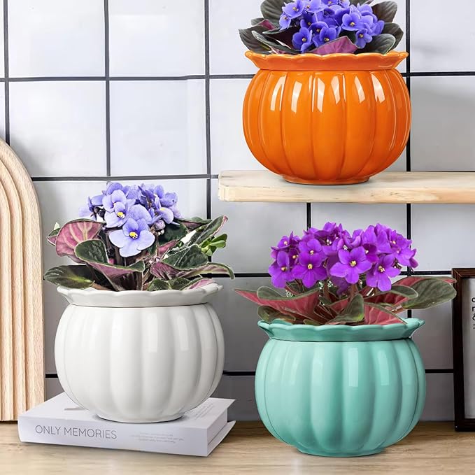 BUYMAX African Violet Pots, Halloween Pumpkin Plant Pots Ceramic Easy Self Watering Plant Pot for Busy Plant Lovers, Automatically Absorb Appropriate Amount of Water, Flower Pot Indoor