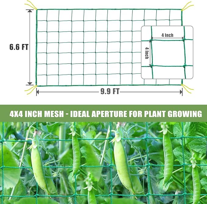 Trellis Netting, Heavy Duty Garden Trellis Netting for Climbing Plants Outdoor w/Plant Clips, 6.6x9.85 Ft Plant Netting for Cucumber, Tomato, 27 Strands & 4x4 in Mesh, Grow Net for Fruits, Vegetables