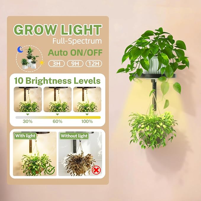 iDavosic.ly Wall Plant Holder with Grow Lights Set of 2 for Indoor Outdoor, Metal Hanger with 2 Hooks, Floating Flower Display Stand for Window, Space Saving & Easy to Assemble (Pots Not Included)
