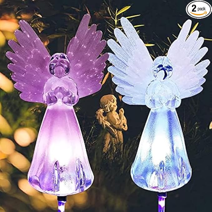 Angel Solar Lights for Cemetery, 2 Pack Solar Lights Outdoor Garden, Color Changing Decorative Angel Lights for Yard Patio Pathway Grave Decoration Memorial Gifts