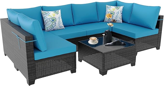 Outdoor Wicker Patio Furniture Set, Rattan Sectional Sofa Set with Thick Cushions (Brown/Peacock Blue, 7 Piece Sofa Set)