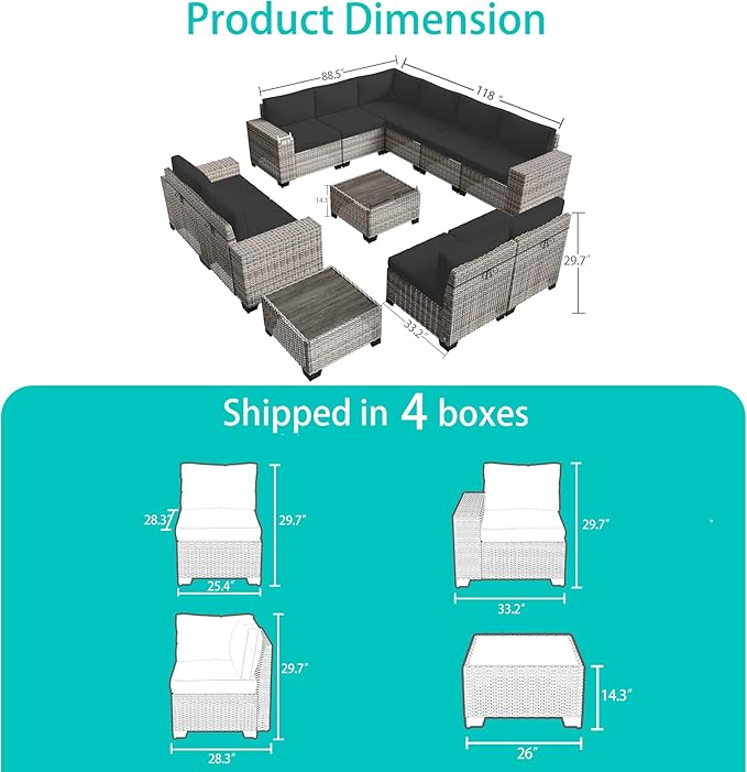 12-Piece Outdoor Patio Furniture Set Wicker Sectional Sofa Set, Patio Conversation Set with Thickened Cushions & Coffee Table for Garden, Backyard, Poolside, Dark Grey