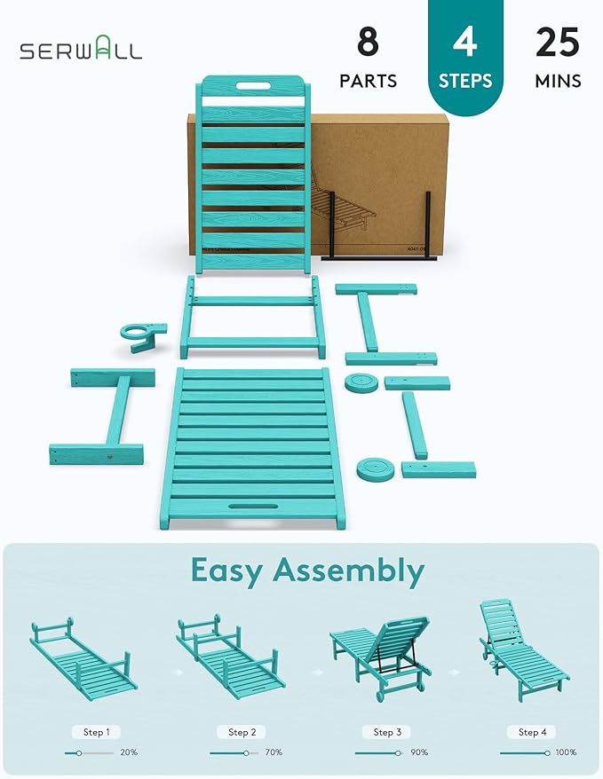 SERWALL Outdoor Chaise Lounge Set of 4, 78" Patio Lounge Chair with 5 Positions Adjustable Backrest, HDPE Lounger with Rolling Wheels & Cup Holder for Poolside, Beach, Garden, Aruba