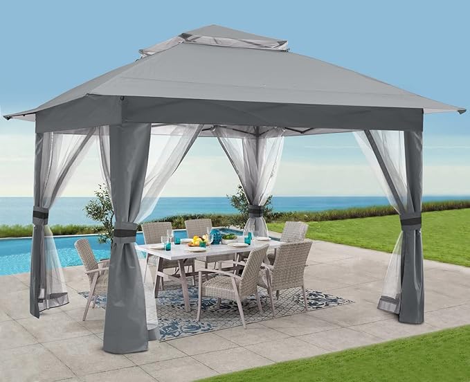 COOSHADE 13x13 Pop Up Gazebo Tent Outdoor Canopy Patio Shelter with Mosquito Netting(Grey)