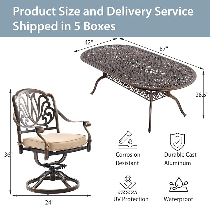 9-Piece Cast Aluminum Patio Furniture, Outdoor Dining Sets for 8 Include 87" Oval Patio Dining Table and 8 Swivel Chairs with Cushions & Umbrella Hole(Bronze)