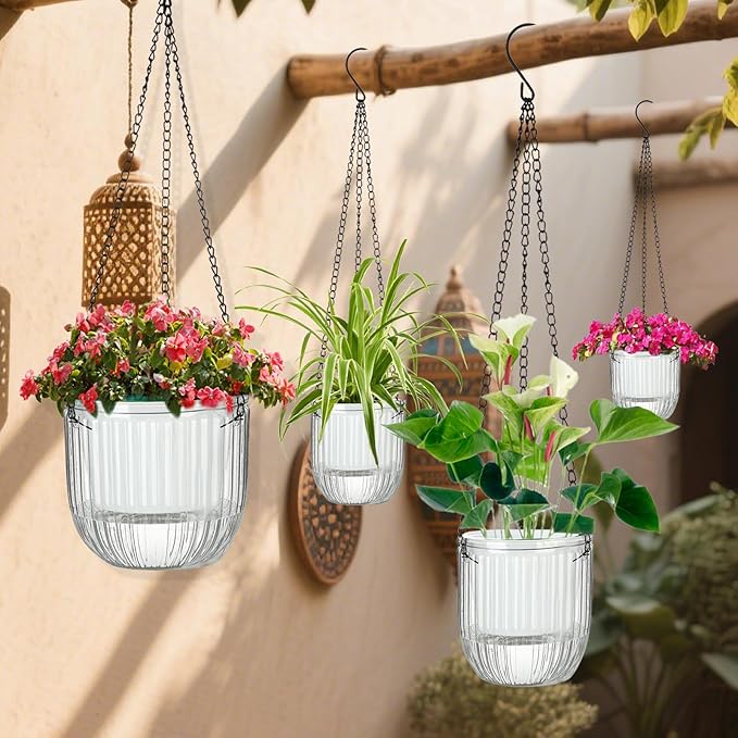 Self-Watering Hanging Planter for Indoor Plants - Easy Care, Long Lasting - Perfect for Herbs, Succulents, and More (White Transparent)