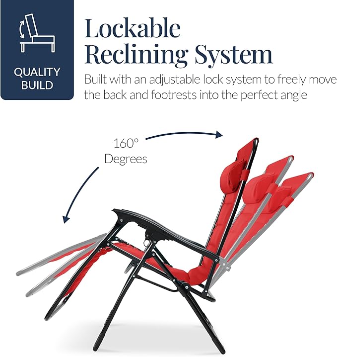 Best Choice Products Oversized Padded Zero Gravity Chair, Folding Outdoor Patio Recliner, XL Anti Gravity Lounger for Backyard w/Headrest, Cup Holder, Side Tray, Polyester Mesh - Crimson Red