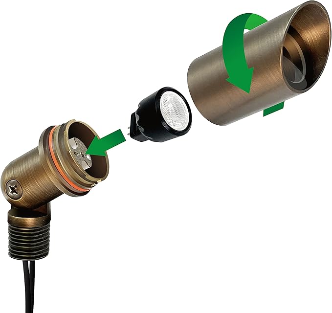 GKOLED Mini Size Brass Landscape Spotlight, Low Voltage 12V AC/DC Outdoor Directional Up Light, 180 LM, 3W MR8 LED Bulb ABS Ground Stake, 2700K Warm White, Garden Patio Trees Spot Uplight