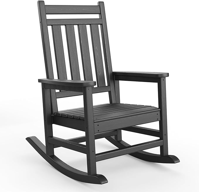 HDPE Rocking Chair Outdoor- Poly High Back Porch Rocker Chairs for Adults - All Weather Resistant Furniture for Patio Front Porch - Black