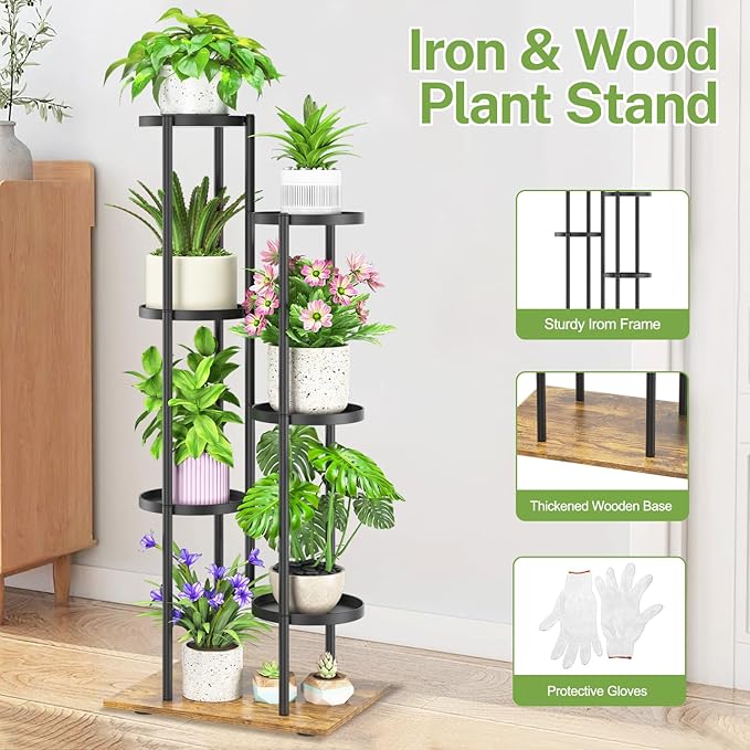 iDavosic.ly 6 Tier Plant Stand Indoor Outdoor, Tiered Corner Multiple Flower Pot Holder Shelf, Metal 44 Inch Tall Display Rack for Patio Porch Living Room Garden Balcony, Modern Black & Rustic Brown