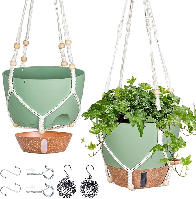 10 Inch Hanging Planters for Indoor Plants, 2 Pack Self Watering Hanging Baskets Flower Pots with Drainage Hole, Visual Reservoir & 2 Kinds of Plant Hanger for Home Decor