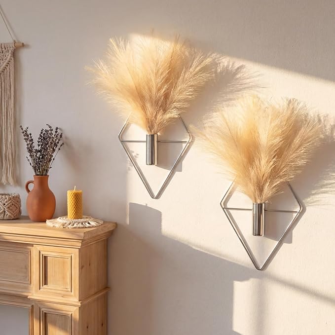 2 Pieces Wall Decor Hanging Planters with Artificial Plants Metal Hanging Vase Indoor Plants Holder Modern Boho Wall Art for Bathroom Bedroom Living Room Decor(Silver,Pampas Grass)