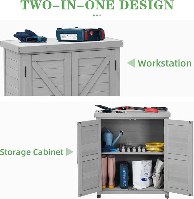 Outdoor Potting Bench with Storage Cabinet and Metal Top, Wood Workstation for Outdoor Patio, Garden (Classic Grey, 31x17x36‘’)