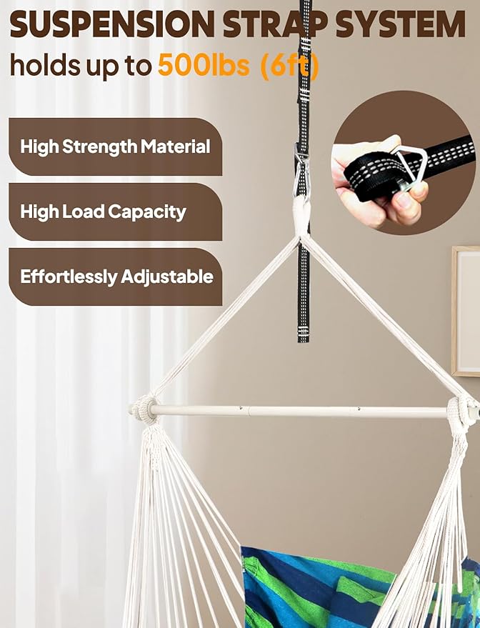 Chihee Hammock Chair Hanging Swing Max 500 Lbs 2 Cushions Included Metal Spreader Bar with Anti-Slip Grooves Portable Hanging Chair Side Pocket Large Macrame Bohemian Chair Indoor Outdoor