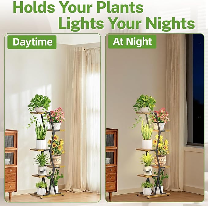 iDavosic.ly 5 Tier Indoor Plant Stand with Grow Light, Corner Tall Metal & Wood Flower Shelf, Orchid Display Rack for Living Room Balcony, Space Saving & Multifunctional Display, Black & Brown