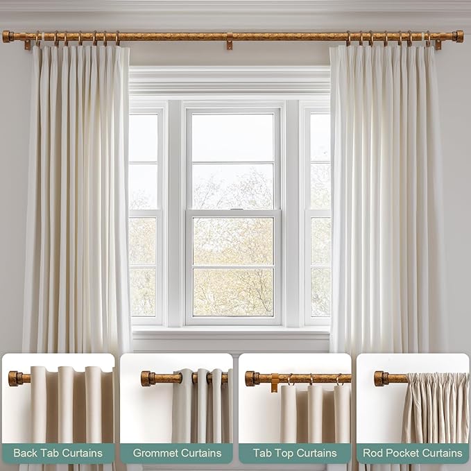 Retro Gold Curtain Rods for Windows 28 to 48 Inches Adjustable Length Heavy Duty 1" Diameter Window Curtain Rod with Decorative Finials for Outdoor Bedroom Kitchen Living Room Farmhouse