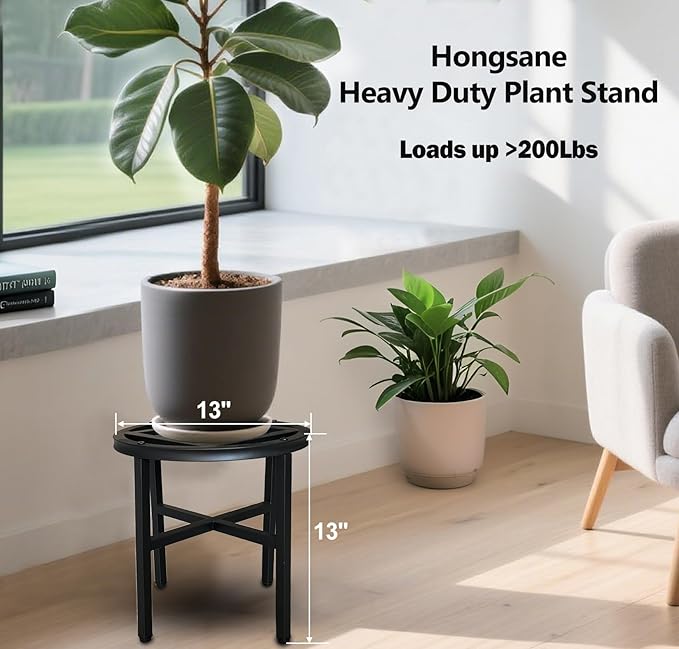 Plant Stand Indoor Outdoor,13 Inch Round Metal Plant Stands Riser,Heavy Duty Wrought Iron Pedestal Holders for Large Flower Pot,Outside Rust-Proof Black Flower Display Shelf for Patio,2-Pack