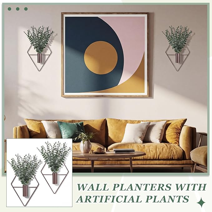 Jexine 4 Pcs Hanging Planters with Artificial Eucalyptus Metal Hanging Vase Indoor Plants Holder Modern Geometric Boho Bathroom Wall Decor for Living Room Home Office, Bronze