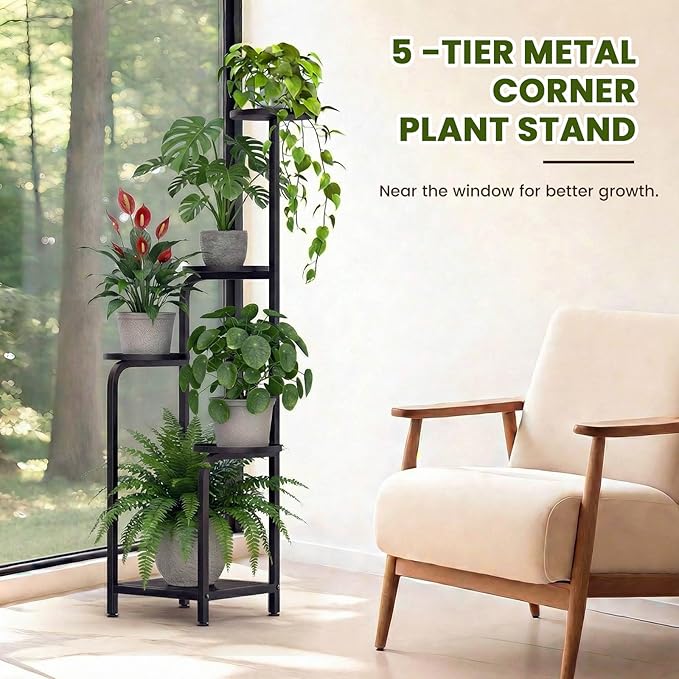 TOSKING 5 Tier Tall Plant Stand Indoor Outdoor, Heavy Duty Corner Shelf for Plants & Decor, Space Saving 3.9FT Metal Flower Pot Stand for Balcony, Garden, Living Room, Patio (Black, 47in)