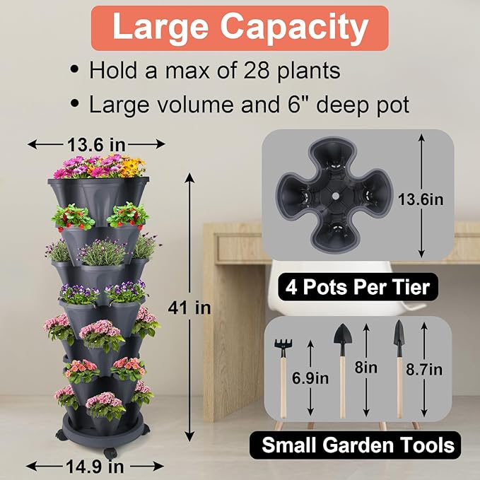 GameXcel Vertical Planter 7 Tier Stackable Planters Garden Planters Strawberry Herb Flower and Vegetable Planter Indoor Outdoor Gardening Pots with Removable Wheels and Tools - Dark Gray