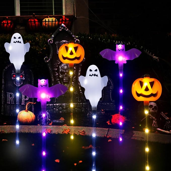 Halloween Decorations Outdoor Solar Pumpkin Bat Ghost Garden Stake Lights, 6-Pack 8 Modes Solar Halloween Lights Waterproof for Outside Home Patio Yard Pathway Grave Lawn Porch Party Decor