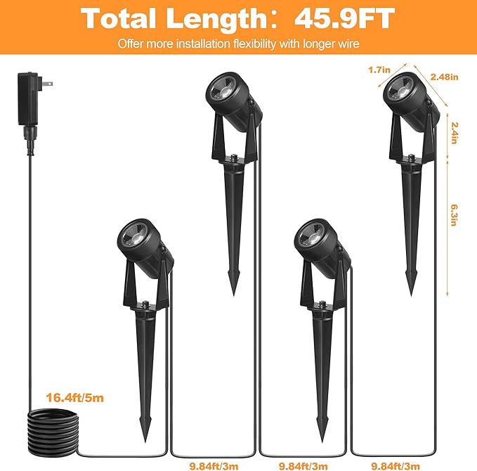 Outdoor Landscape Lighting Waterproof with 45.9FT Cable & built-in LED Light, Low Voltage 12W 1200LM Plug in Electric LED Spot Light 3000K Uplight with Transformer for Garden Yard Tree Path, Pack of 4