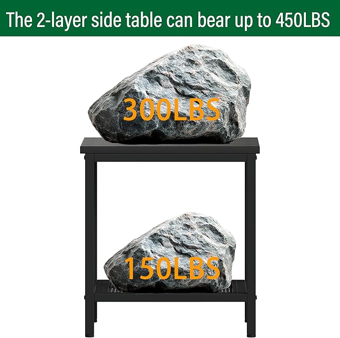 Outdoor Side Table with Storage, 2-Tier Patio End Tables Weather Resistant, Black Outdoor Accent Table,Small Side Table for Pool, Deck, Garden