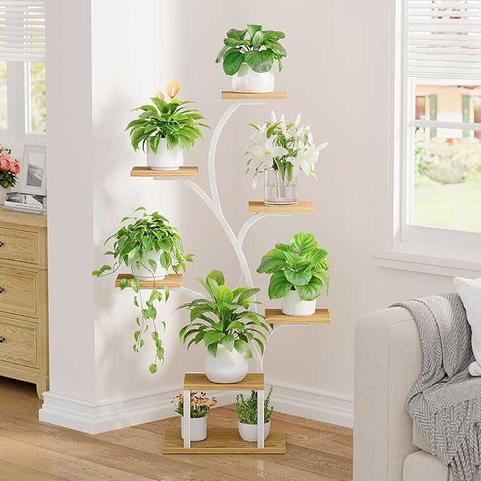 Plant Stand Indoor with Grow Lights, 7 Tiered Indoor Plant Shelf, 49" Corner Plant Stands for Indoor Plants, Metal Plant Flower Display Shelf, Tree-Shaped Plant Rack for Home, Patio, Natural