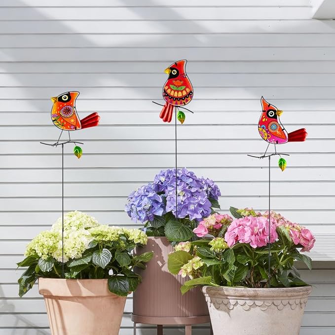 Decorative Garden Stakes,Set of 3 Cardinal Stained Glass Metal Yard Art,Waterproof Outdoor Decor Housewarming Present for Women Mom Grandma