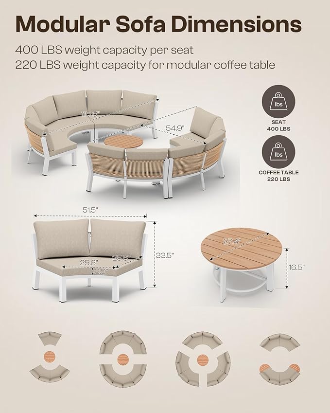 Outdoor Patio Furniture Set,4 Piece Aluminum Half-Moon Patio Conversation Sets, PE Rope Curved Sofa, All-Weather Outdoor Sectional Sofas with Modular Coffee Table & Cushions, White