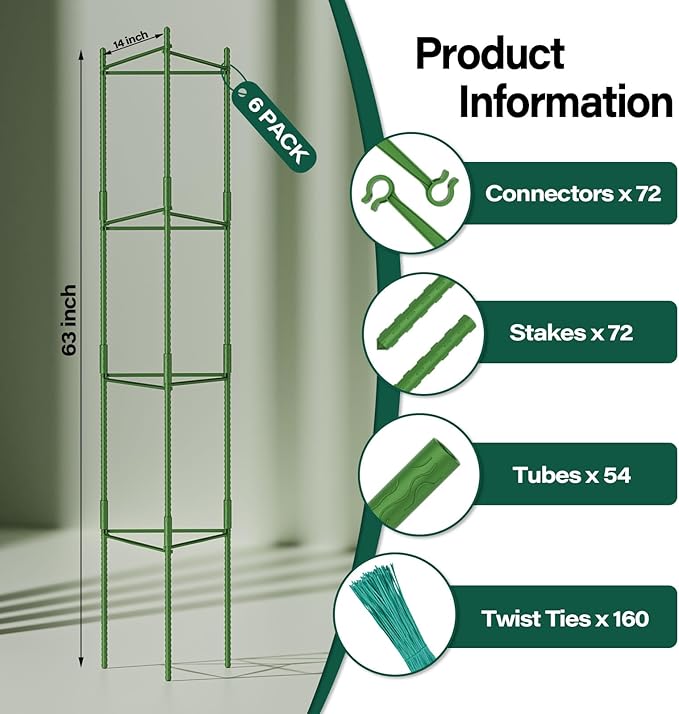 Halatool 63 Inch Tomato Cages for Garden, 6 Pack Adjustable Tall Tomato Cage, Garden Stakes Tomato Trellis for Pots, Tomato Plant Support for Raised Garden Bed &Vegetables Flowers