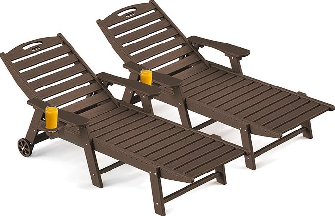 Ciokea Outdoor Chaise Lounge Chair Set of 2, Patio Lounge Chairs for Outside, HDPE Lounge Chairs with Wheels & Cup Holder, Poly Lounge Chair with 5 Position for Poolside, Deck, Dark Brown